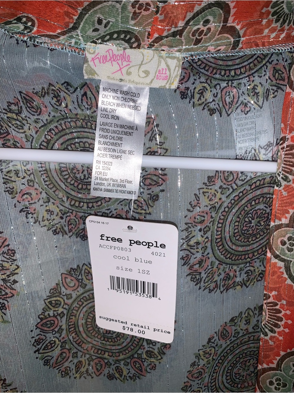 Free People Cool Blue Paisley Print Top with Coral Trim - Picture 8 of 8